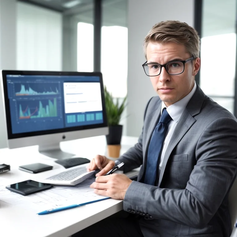 経営会議で財務データを検討する幹部